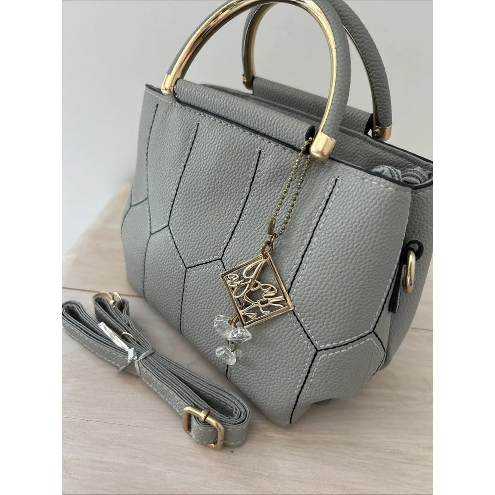 Nicole & Doris Small Light Gray‎ Handbag Attachable Trapp PU Leather Gold Trim